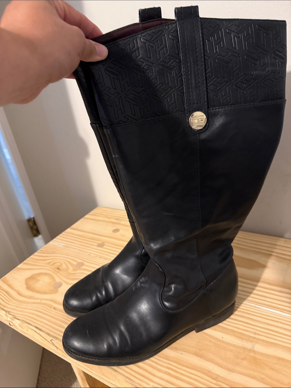 Black Leather Tall Riding Boots with Embossed Top and Gold Button